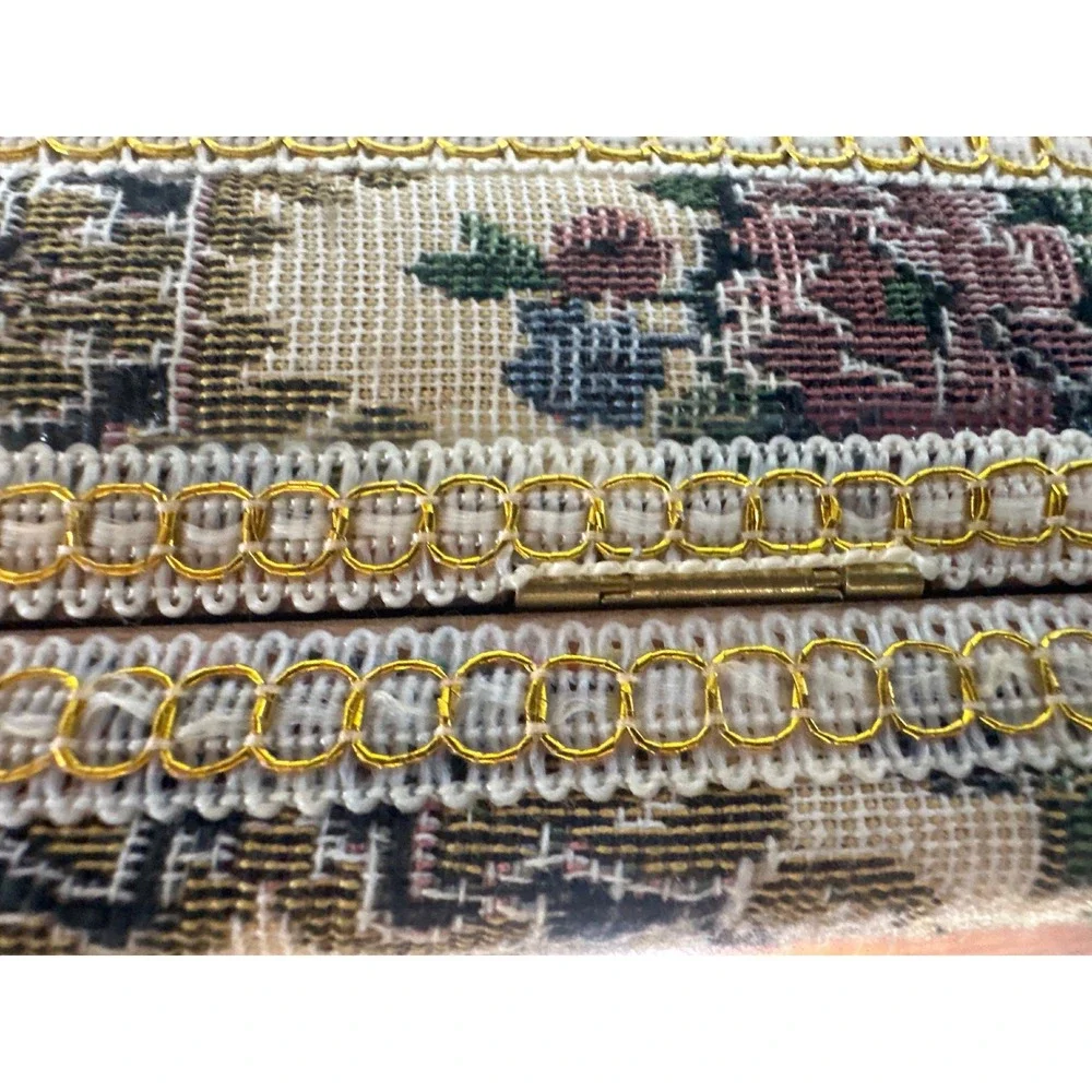 Vintage Floral Tapestry Jewelry Box Red Velvet Lining Mirror Gold Trim Organizer